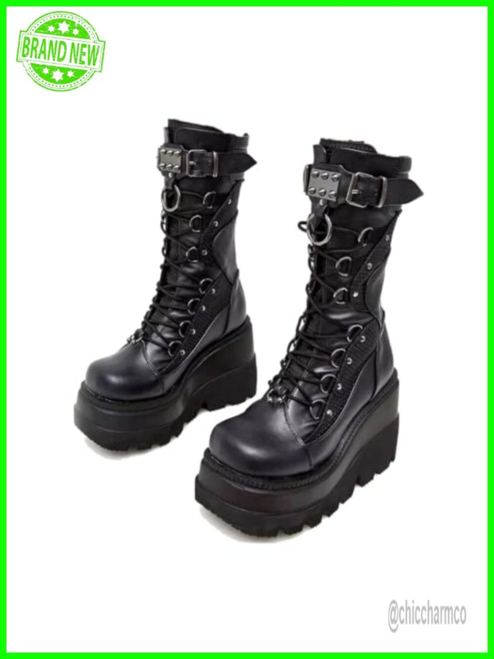 Womens Gothic Platform Mid Calf Combat Boots Lace Up Zip Faux Leather